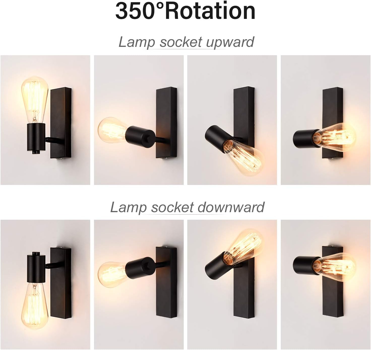 Wall-mounted light fixture with 350-degree rotation feature on a white background.