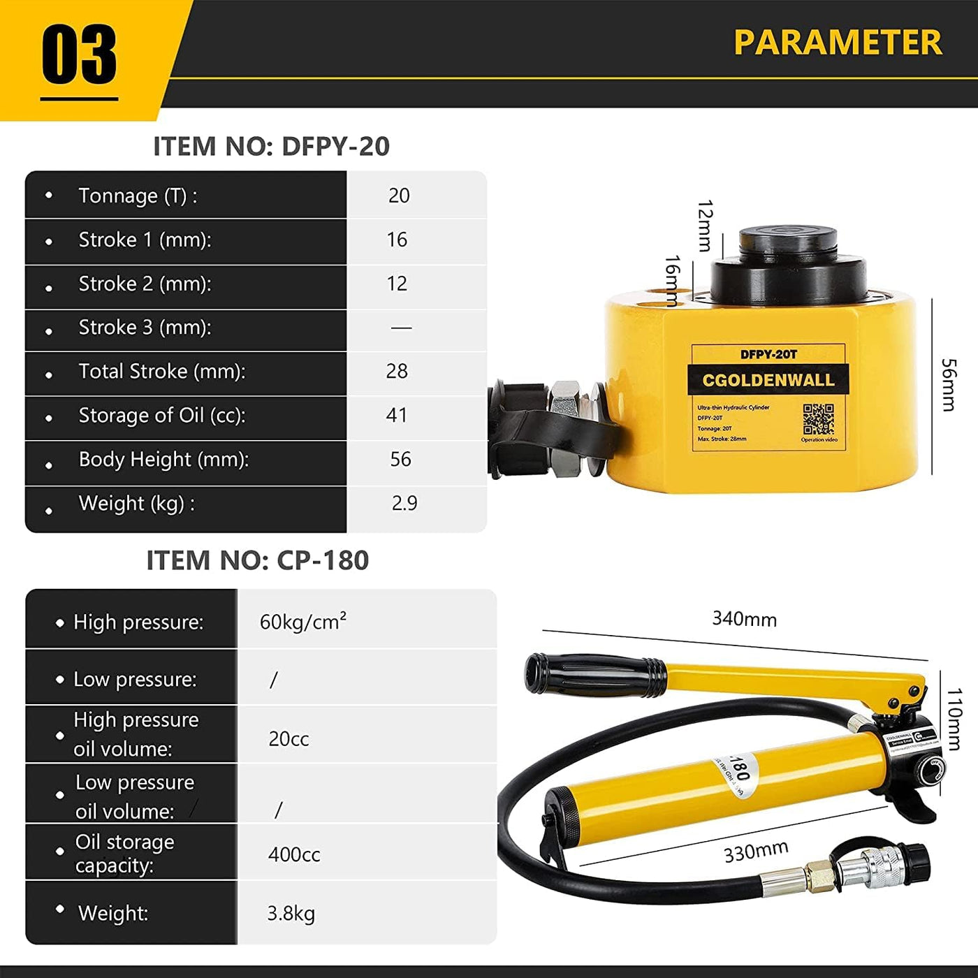 CGOLDENWALL 20T Hydraulic Cylinder with CP-180 Pump, Ultra-Thin, 30mm Stroke