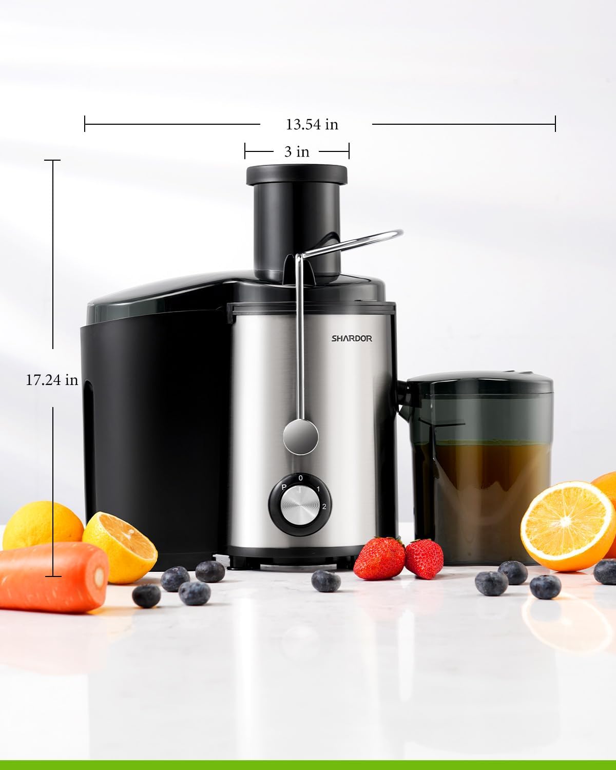 Juicer with dimensions labeled on a white background with fruits and a cup.