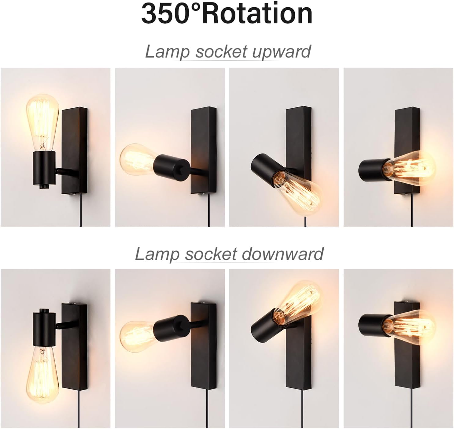 Wall-mounted light fixture with 350-degree rotation feature on a white background.