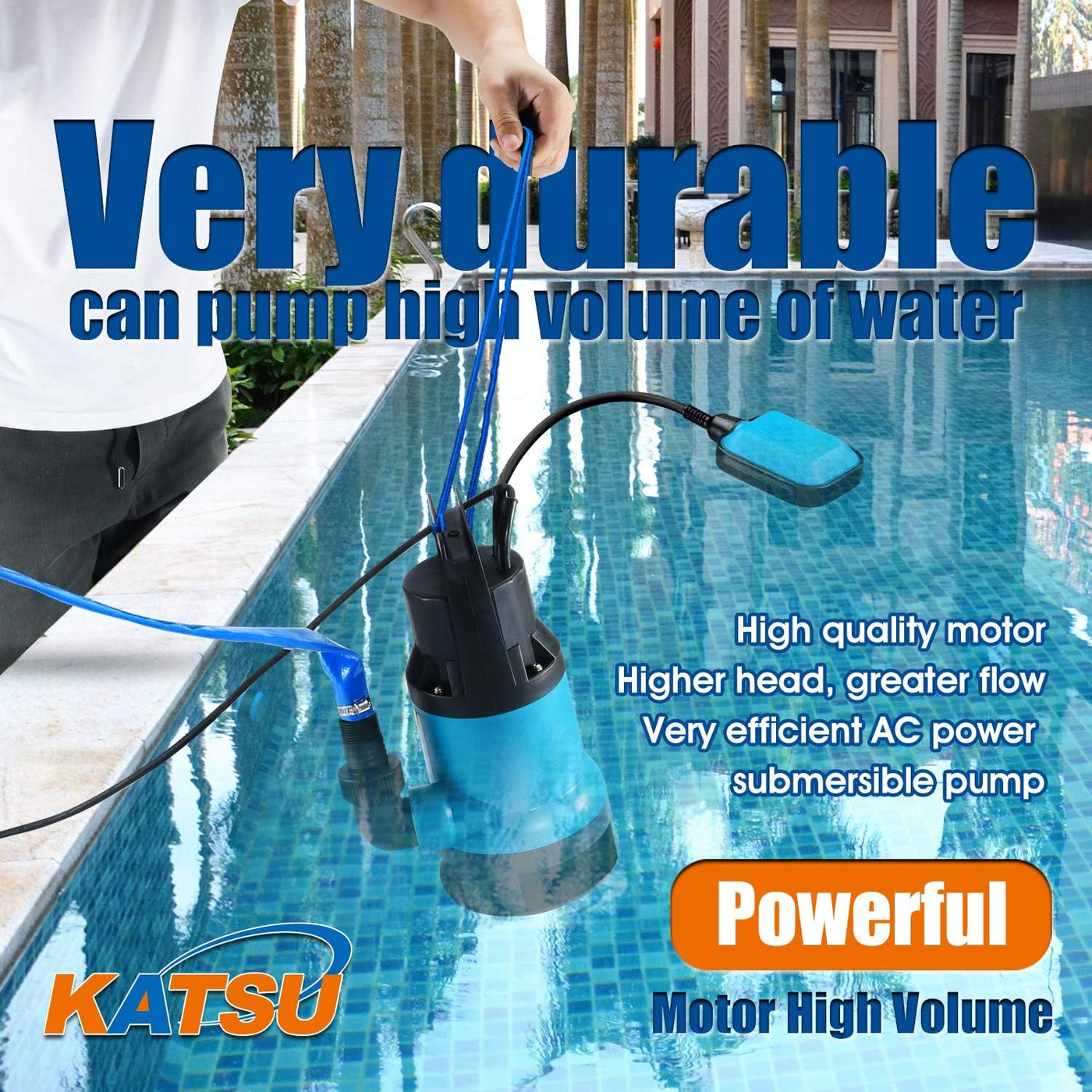 KATSU 400W Submersible Pump 8000L/h for Clean/Dirty Water 10m