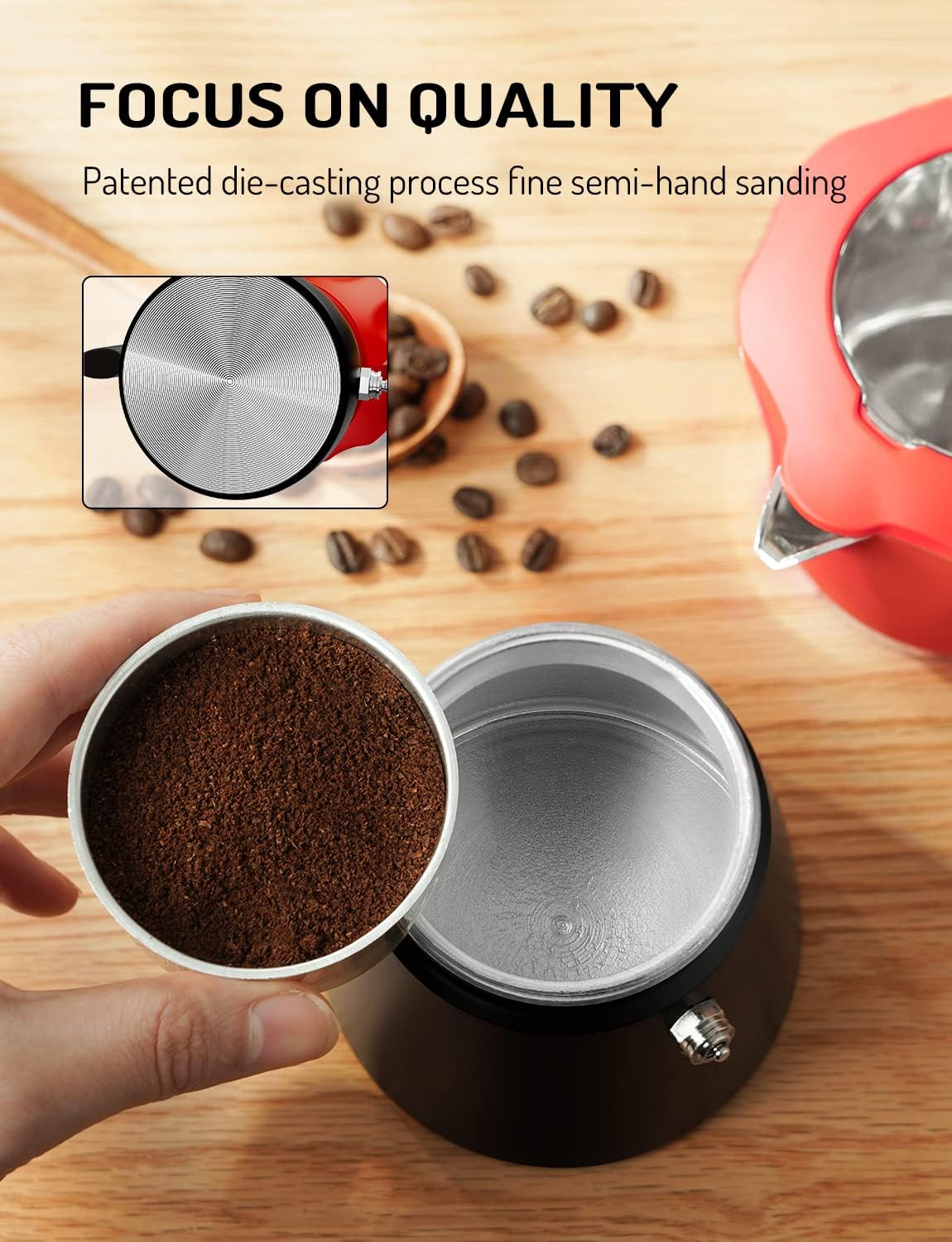 Stovetop Coffee Maker Italian Espresso Moka Pot Transparent Lid Red TWOMEOW