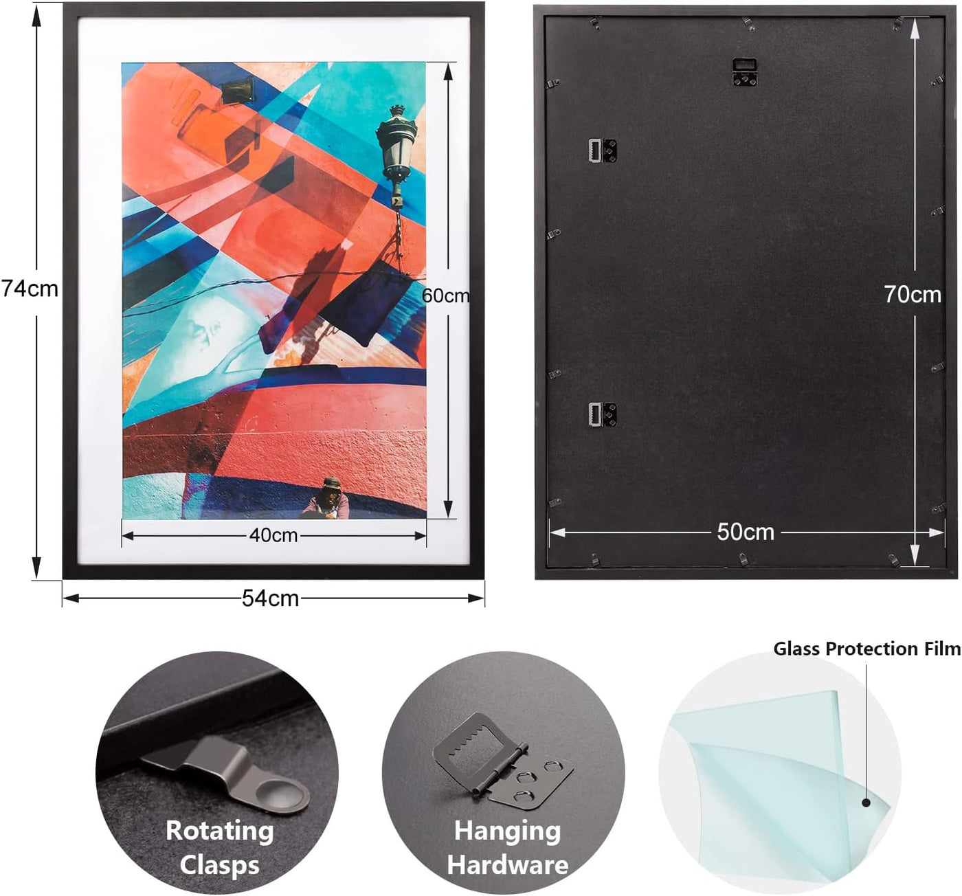 Framed artwork with dimensions and additional features like rotating clasps and hanging hardware.