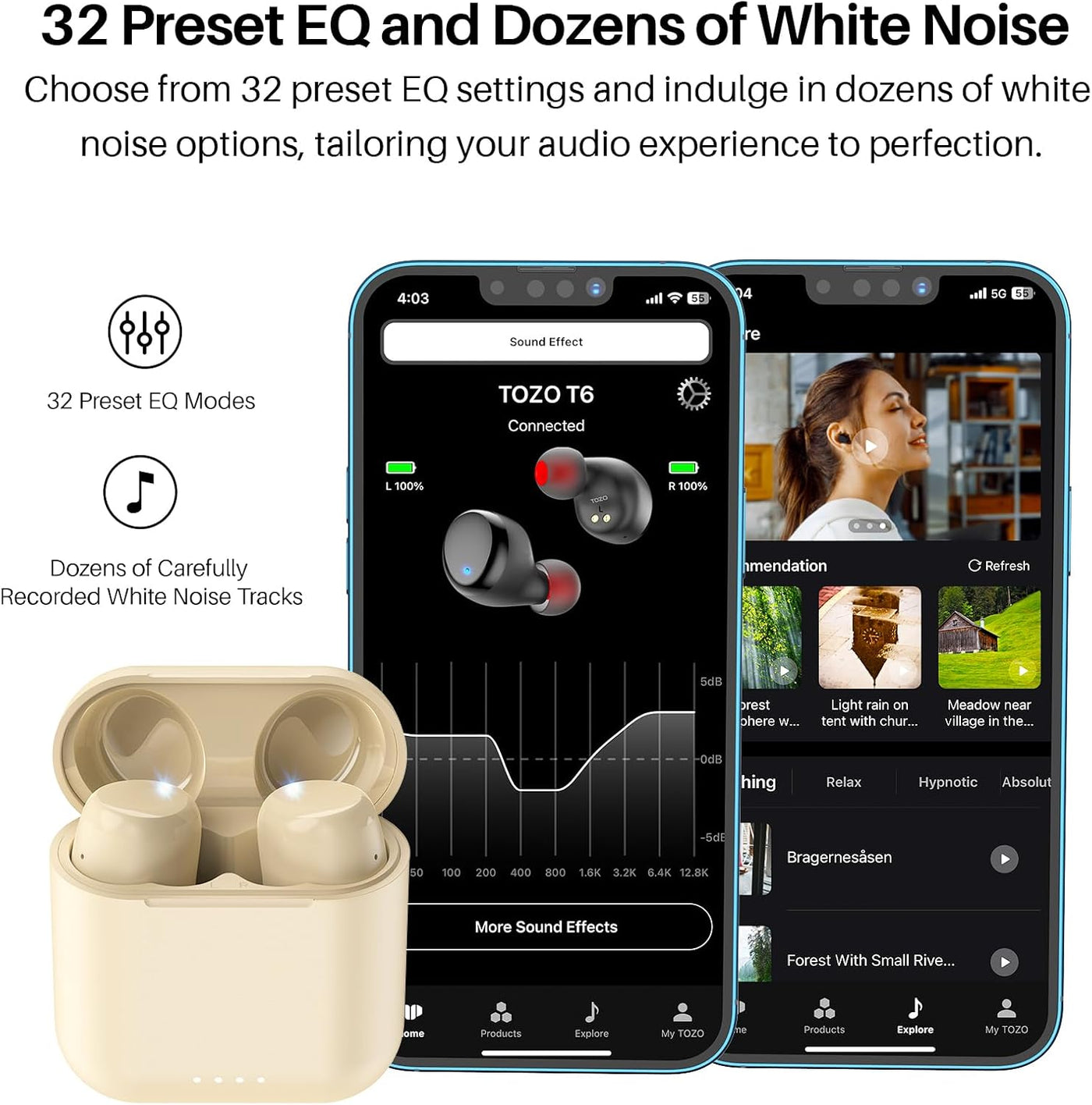 Beige wireless earbuds with smartphone displaying sound effect app on a white background