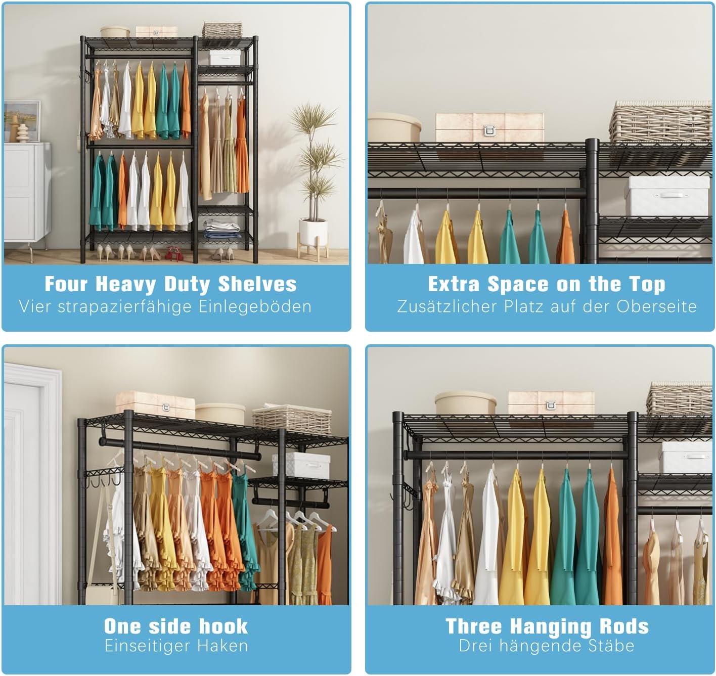 Clothes Rack Heavy Duty 3 Rods 4 Shelves Adjustable Metal Organizer KZOBYD