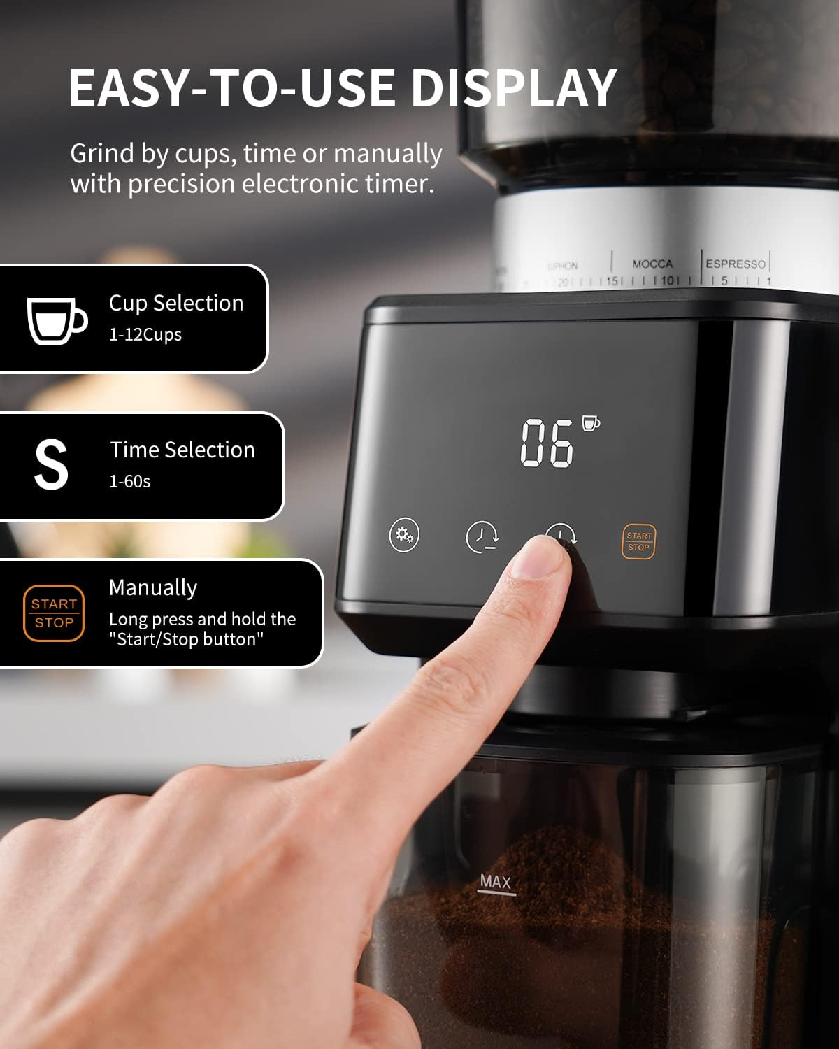 Coffee grinder with digital display and control panel, showing a hand pressing a button.