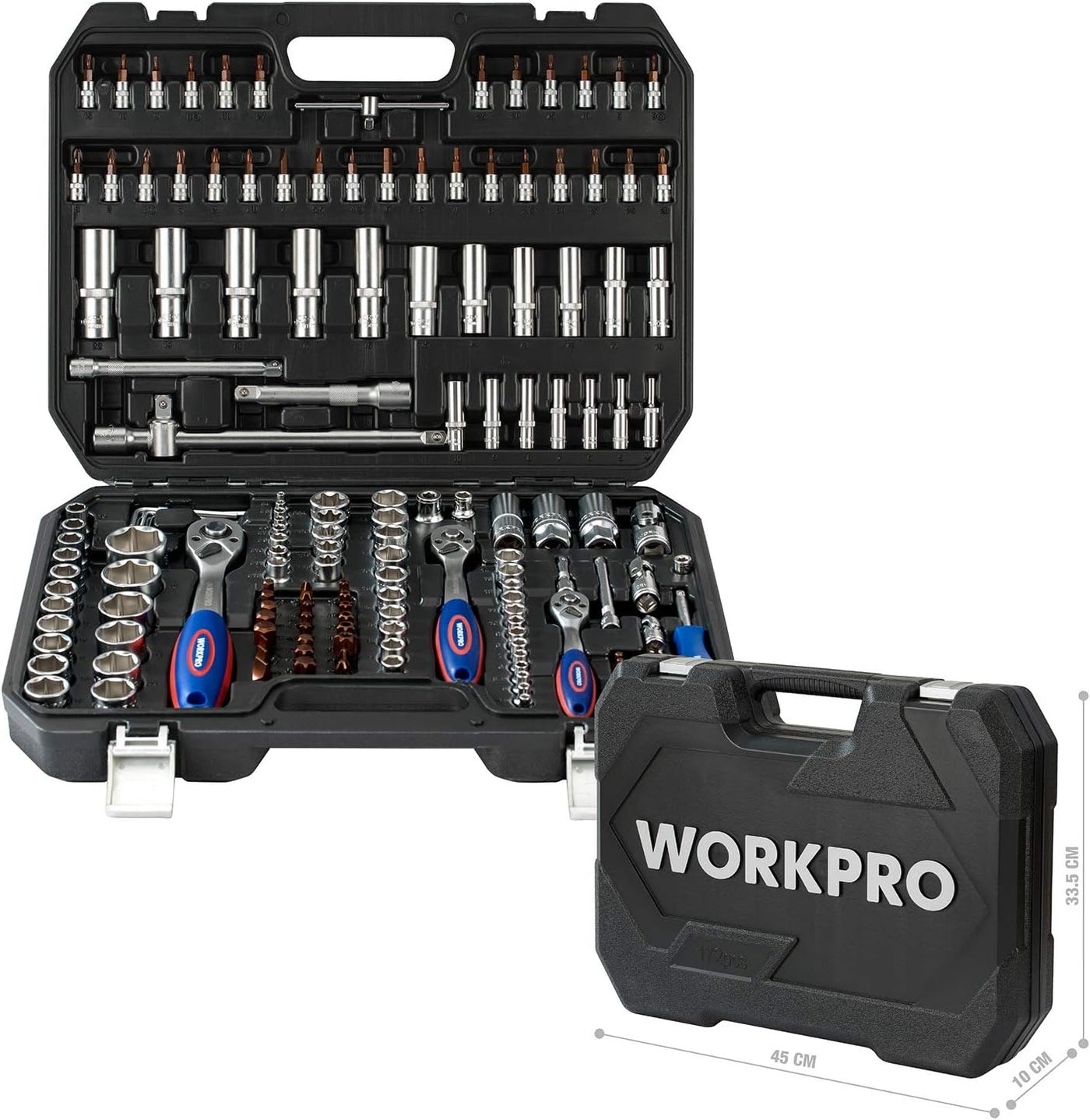 WORKPRO 172-Piece Cr-V Socket Set – 1/2", 3/8", 1/4" Drive, Ratchets & More