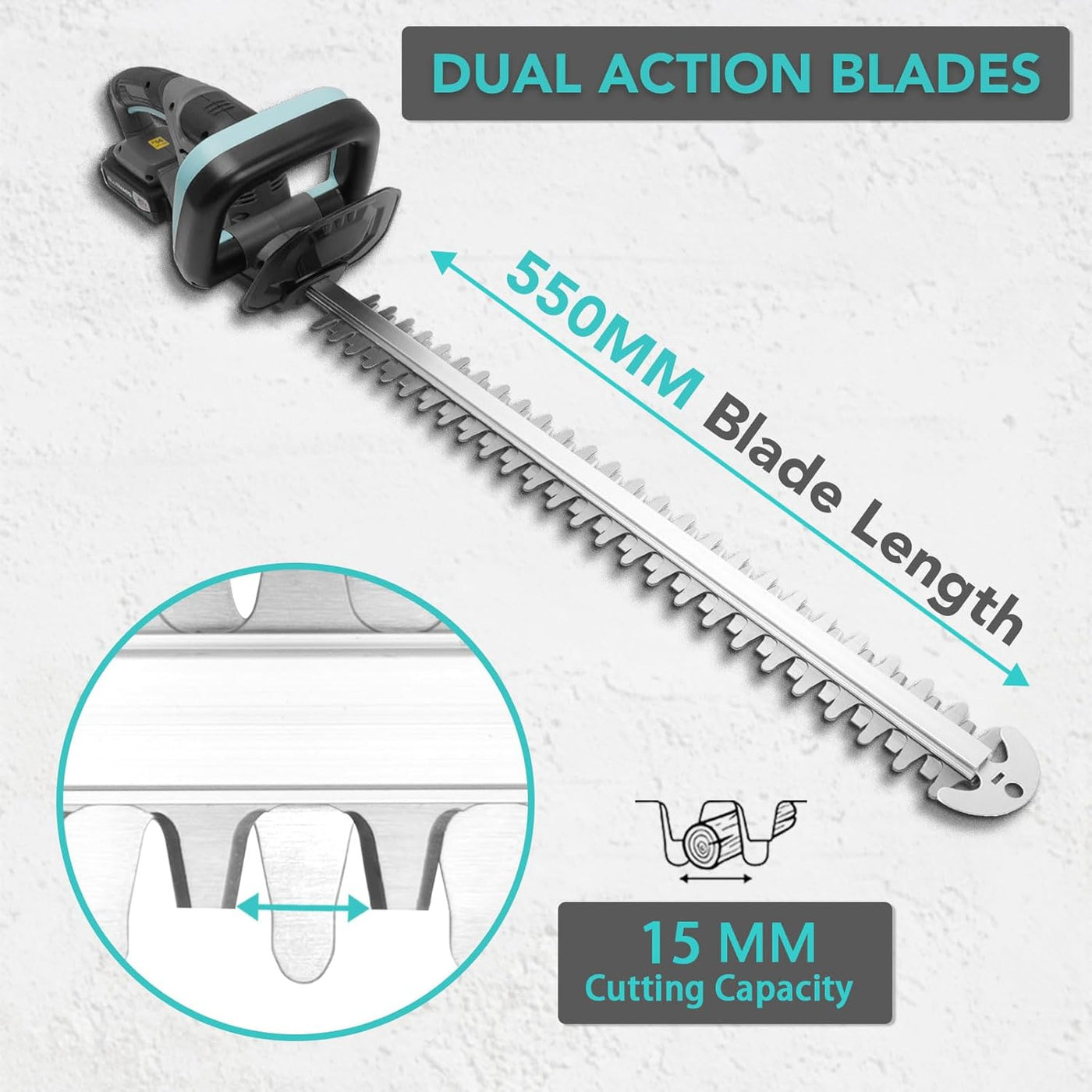 Hedge trimmer with dual action blades, blade length, and cutting capacity displayed on a white background.