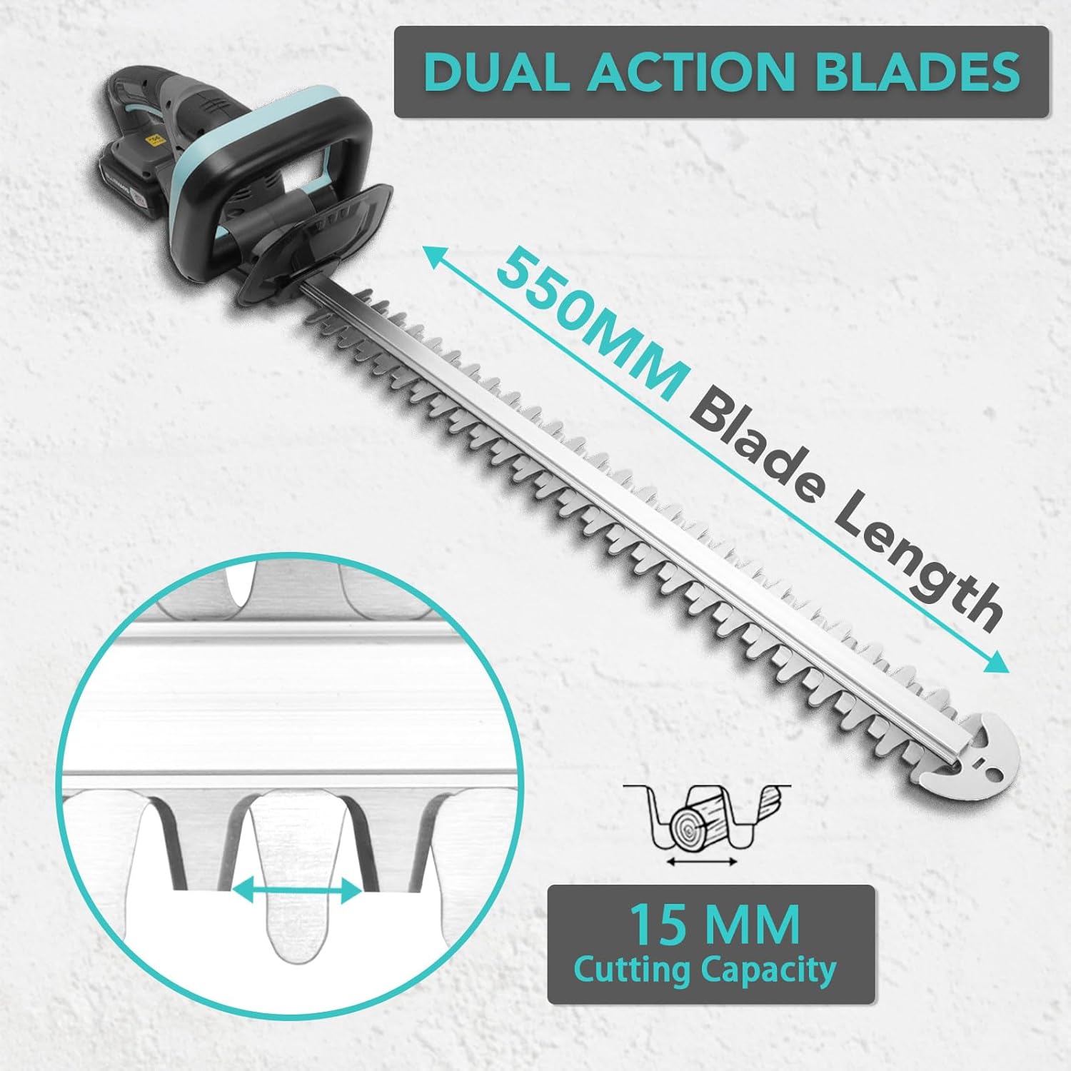 Hedge trimmer with dual action blades, blade length, and cutting capacity displayed on a white background.