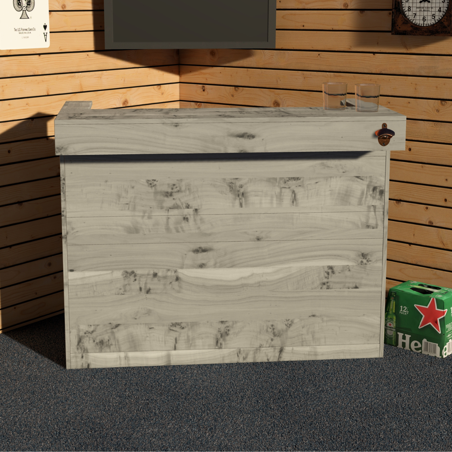 Wooden cooler box with a bottle opener on a wooden deck