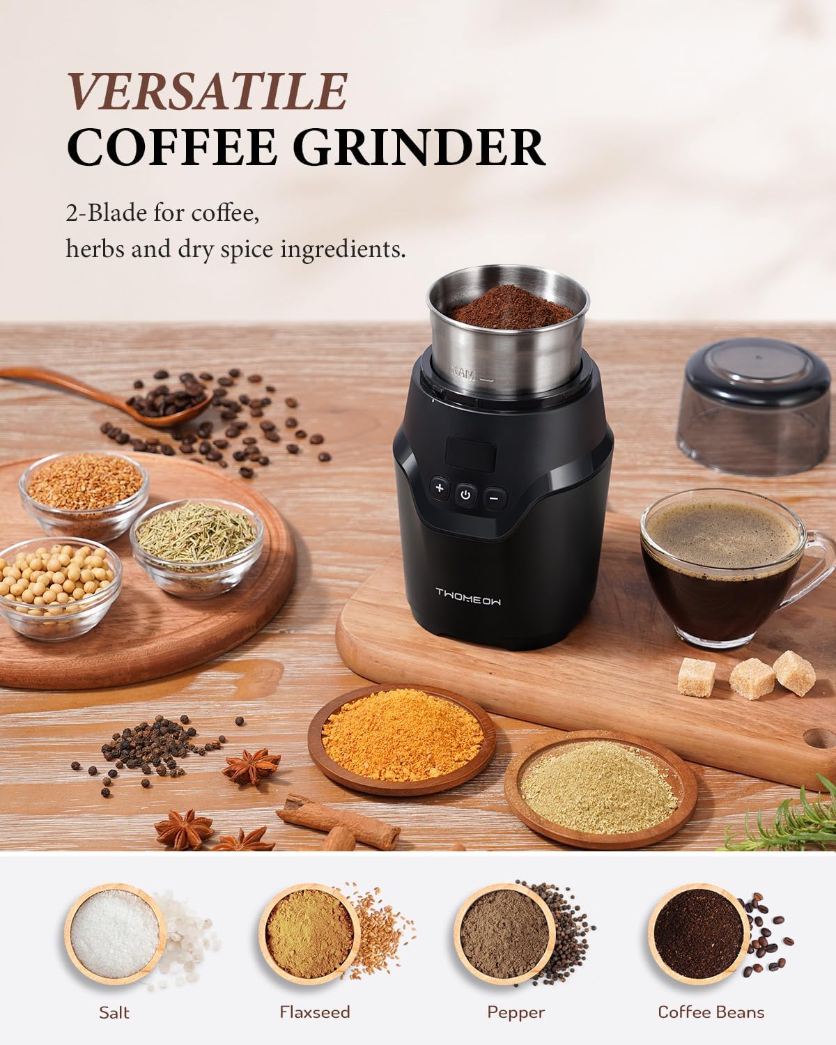 Electric Coffee Spice Grinder Smart Display Wet Dry Grinding Dual Cups