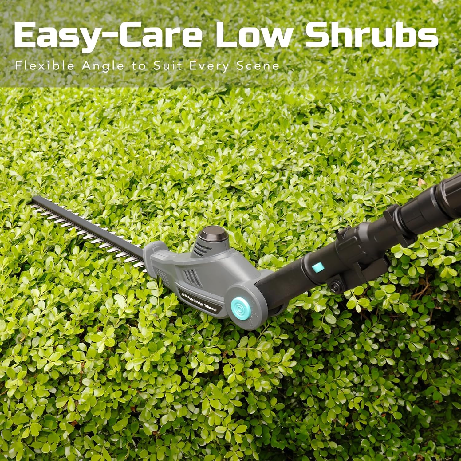 Gardening tool being used on a bush with text 'Easy-Care Low Shrubs' and 'Flexible Angle to Suit Every Scene'.