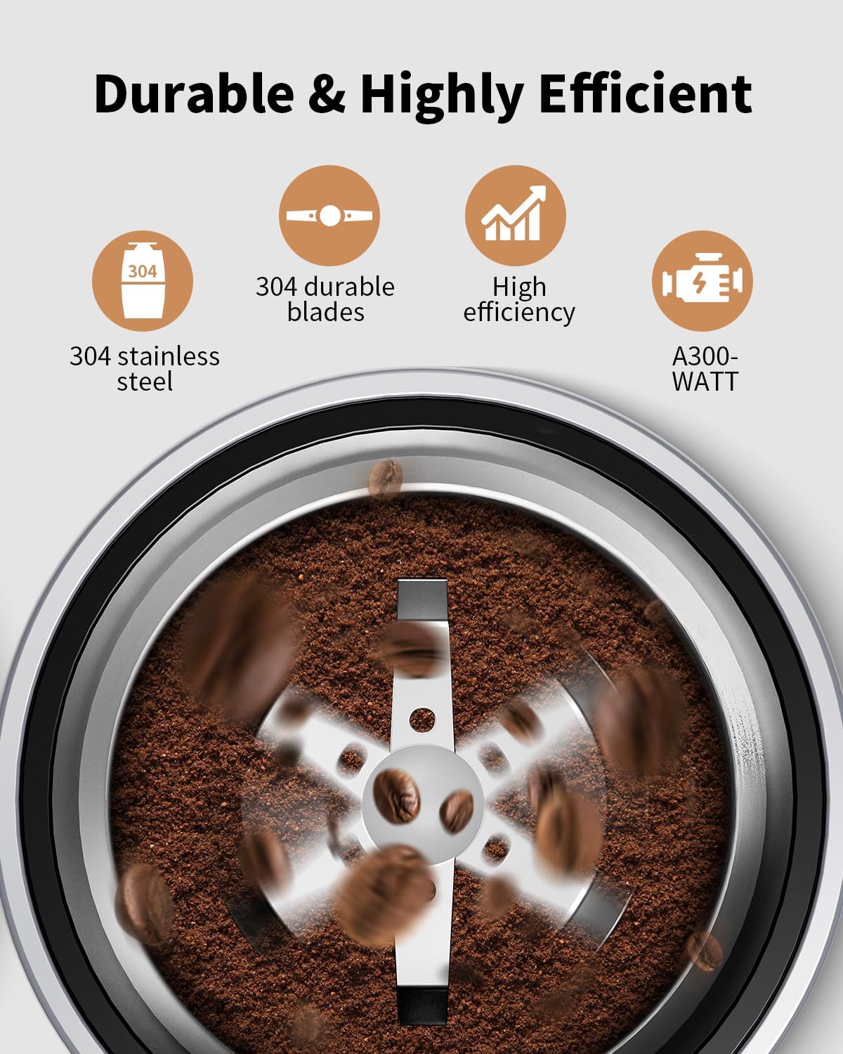 Coffee grinder with ground coffee and features highlighted on a white background