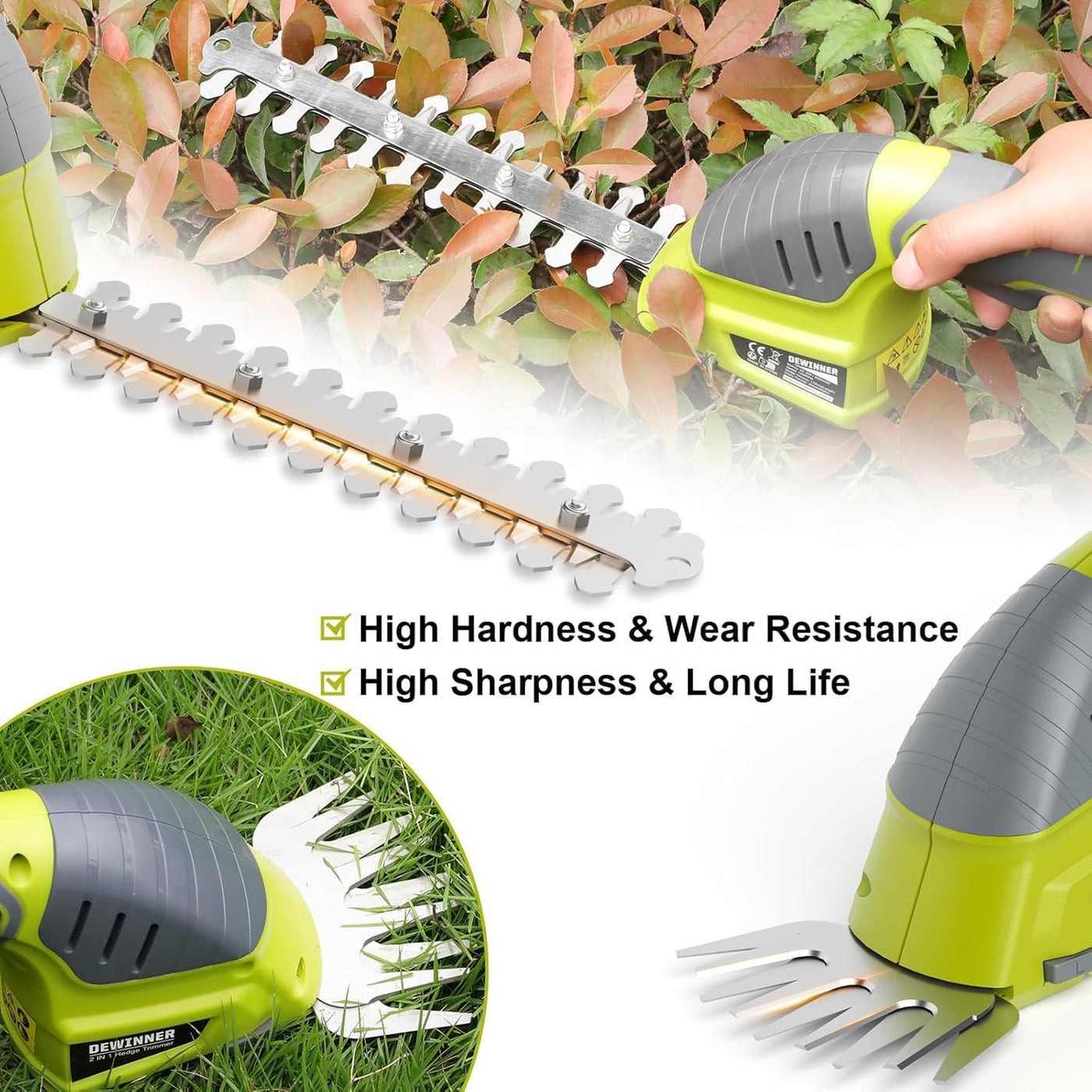 Green hedge trimmer being used on a bush with text highlighting features.