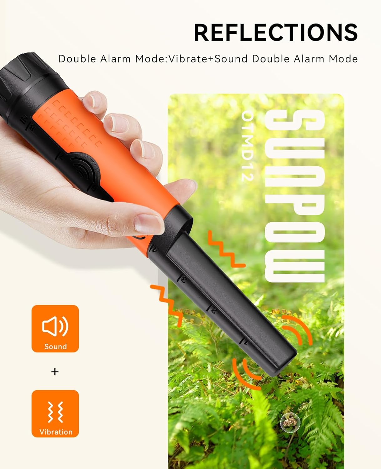 Hand holding an orange and black device with 'Sunpow' branding, surrounded by greenery.