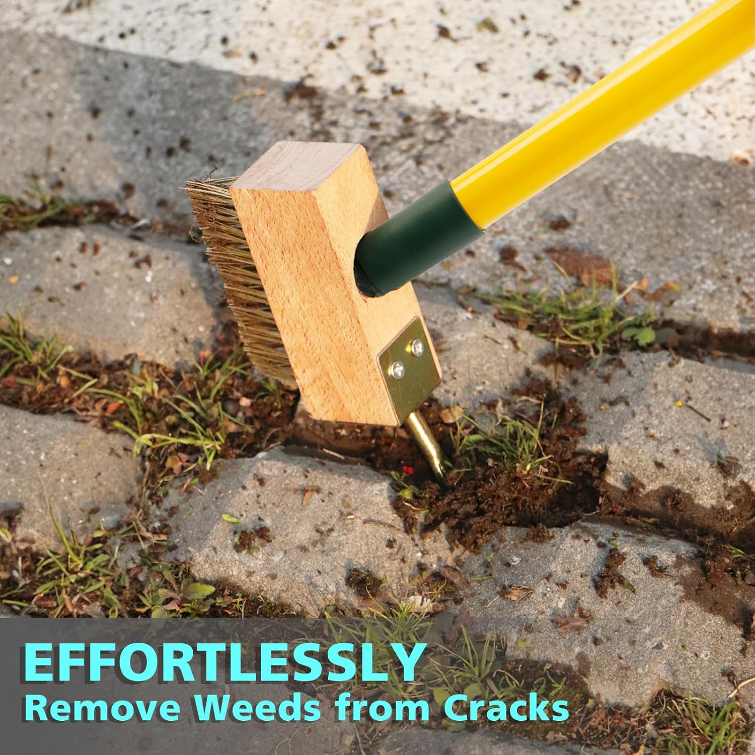 Weed removal tool being used on a crack in pavement with text 'Effortlessly Remove Weeds from Cracks'.