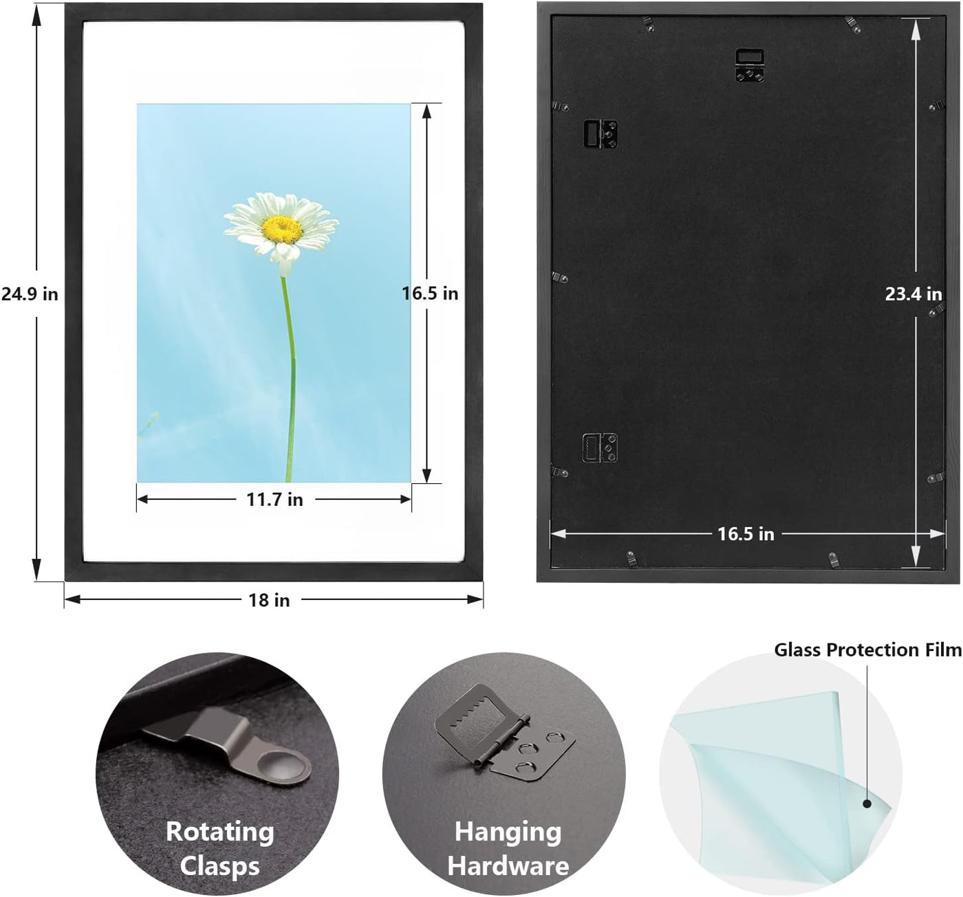 Dimensions and features of a picture frame with a daisy illustration.