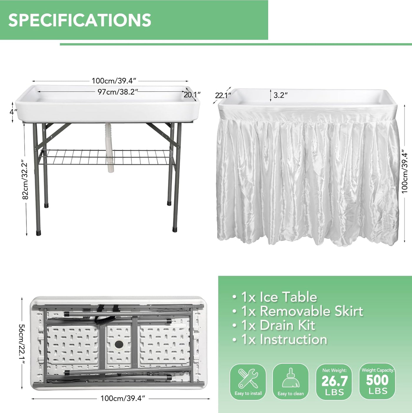 Specifications of a folding table with dimensions and included items listed.