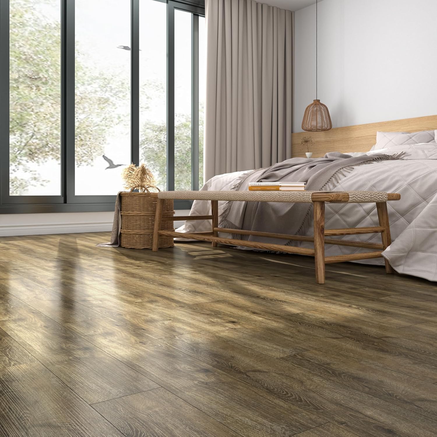 Modern bedroom with wooden flooring, bed, and large windows.