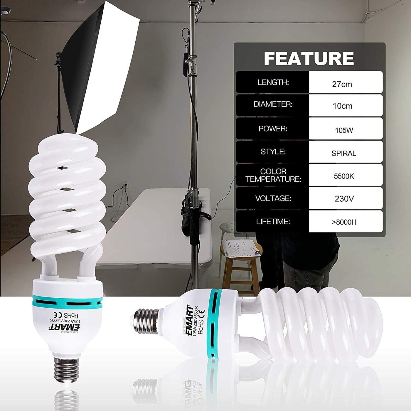 CFL light bulb with technical specifications displayed on a studio background