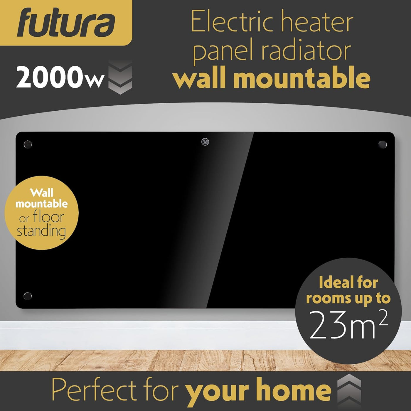 Futura electric heater panel radiator with text on a wooden floor background