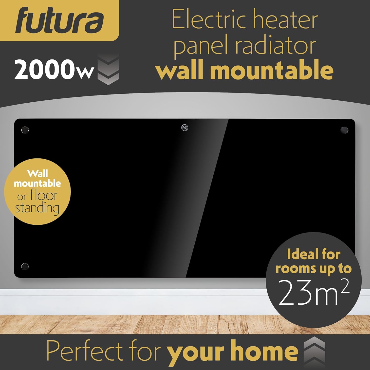 Futura electric heater panel radiator with text on a wooden floor background