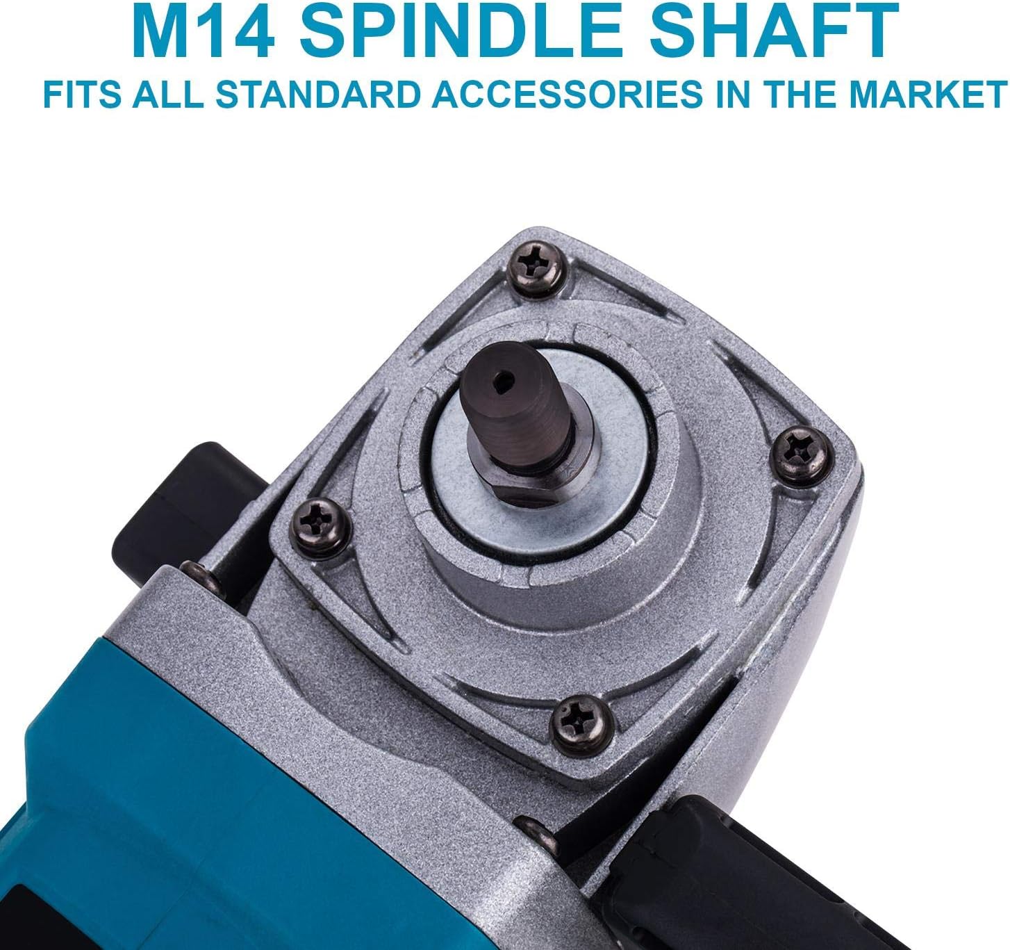 M14 spindle shaft with text indicating compatibility with standard accessories on a white background