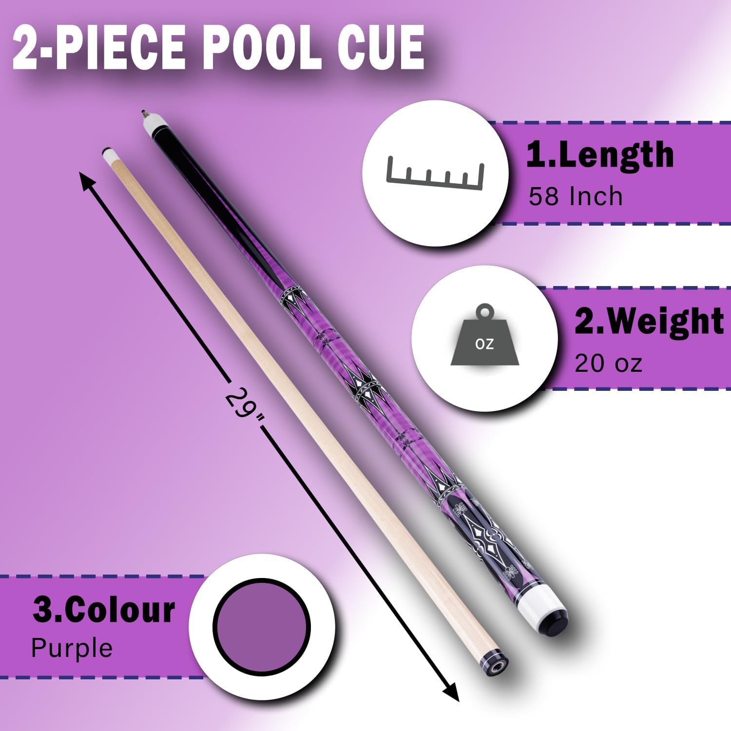 Purple pool cue with measurements and details on a purple background