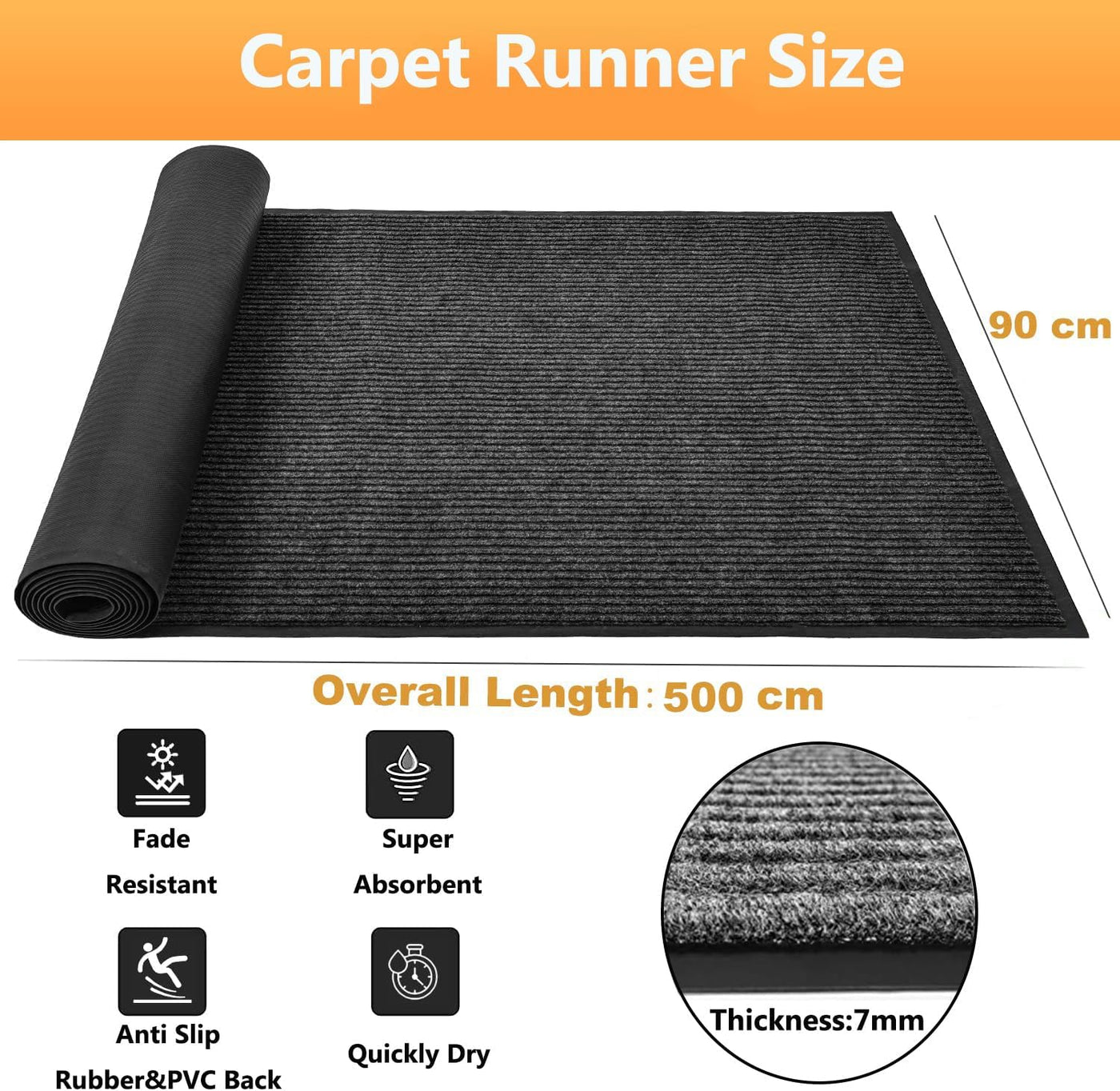 Black carpet runner with specifications on a white background
