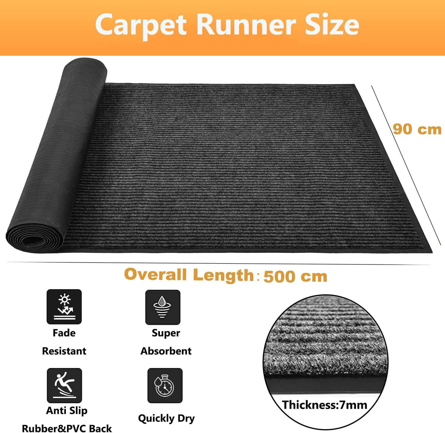 Black carpet runner with specifications on a white background
