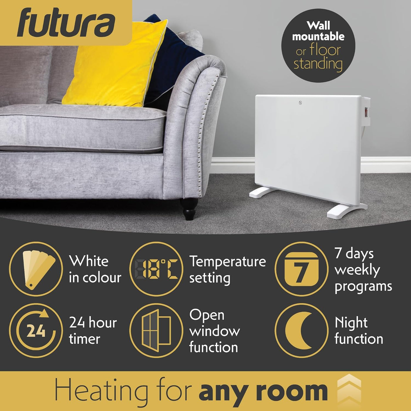 1000W White Electric Radiator Heater with Thermostat Wall Mounted Futura
