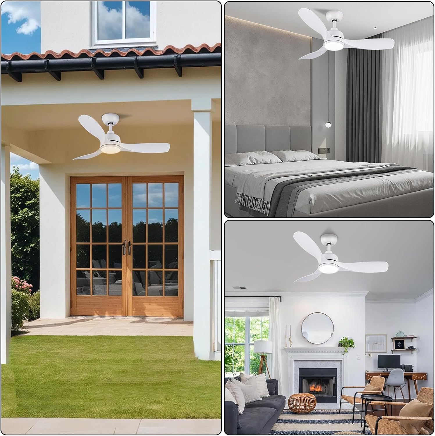 CJOY 42" White Ceiling Fan with Light & Remote, 3 Blades, Quiet DC Motor, Timer