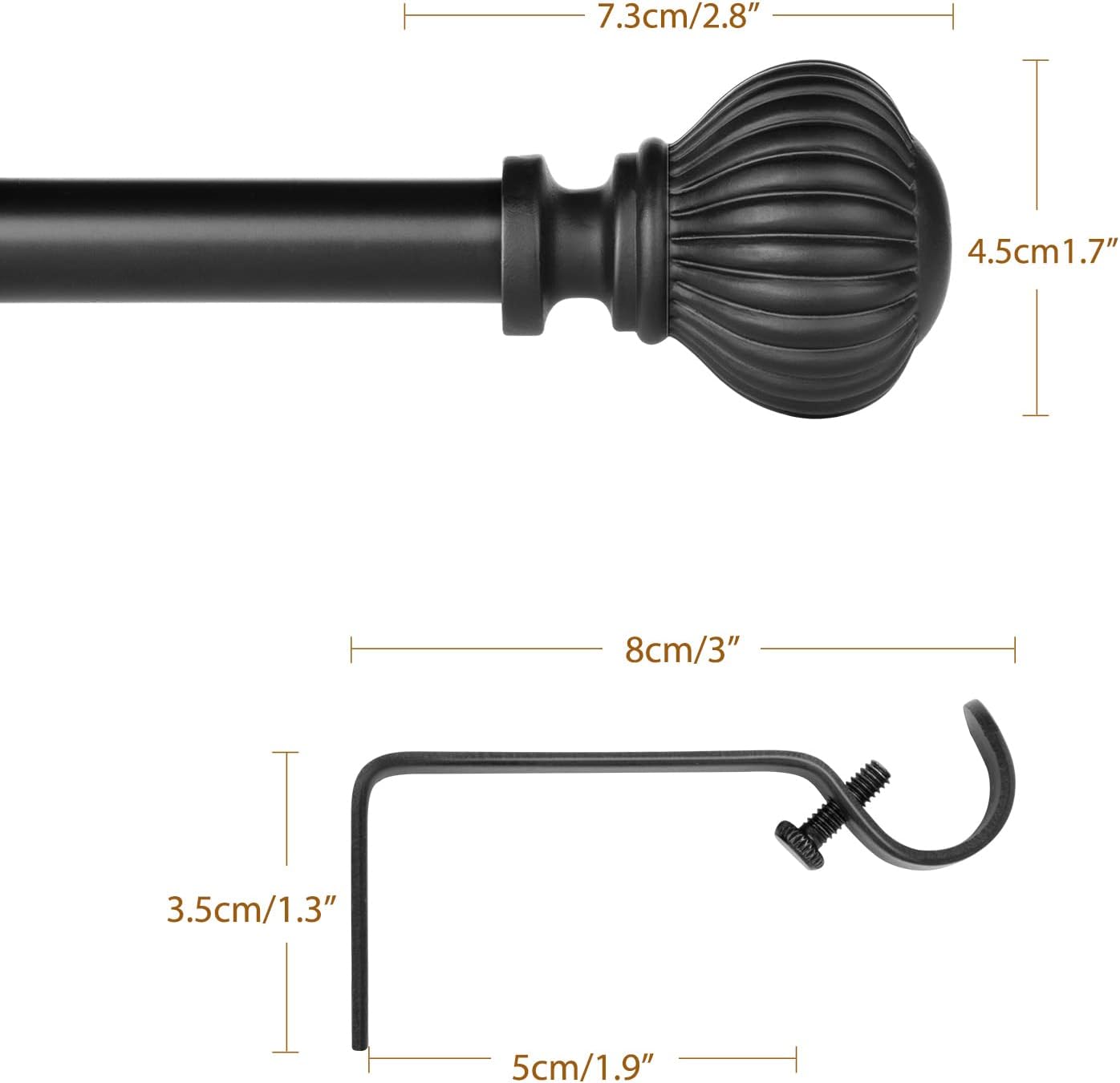 Curtain Pole Extendable 122 218cm Metal 16mm Black Pumpkin Finials SZXIMU
