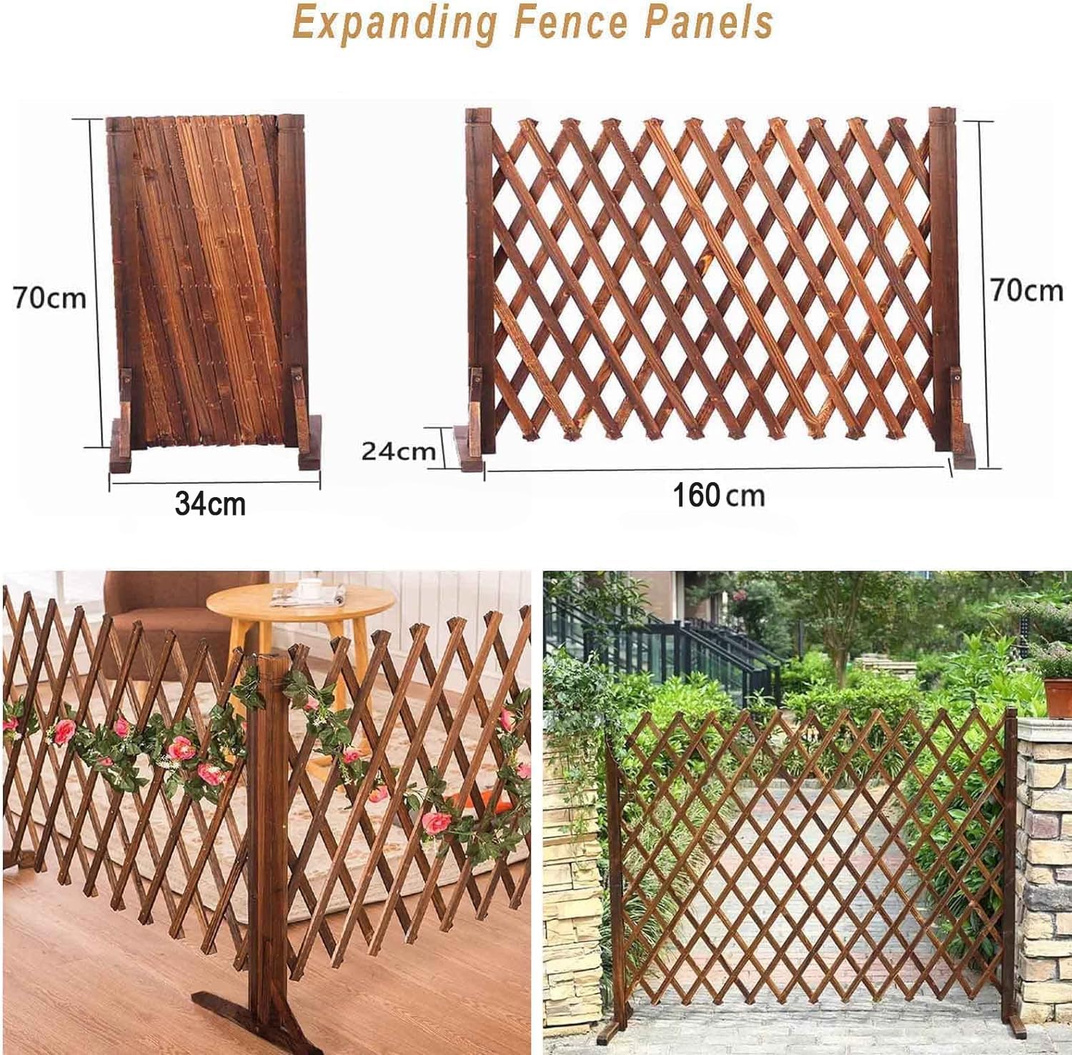 Wooden expanding fence panels with dimensions and usage examples.