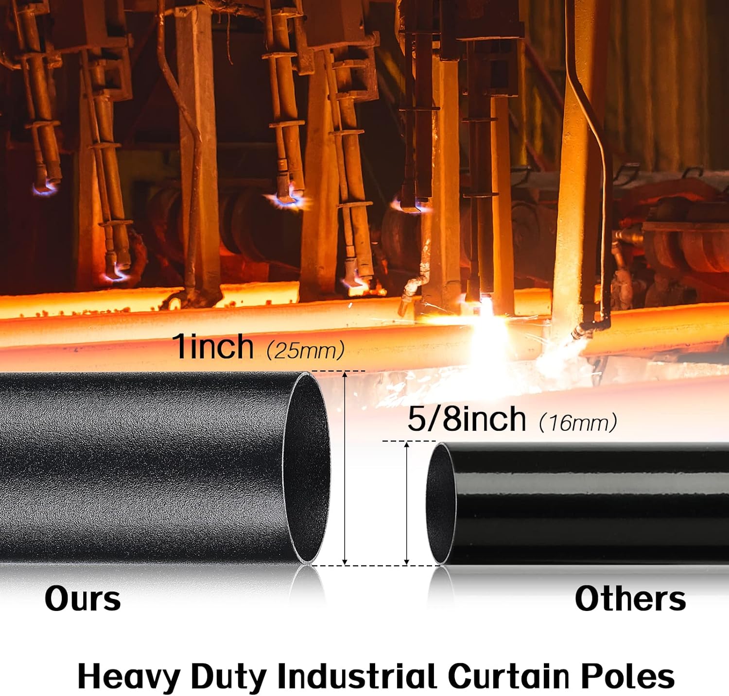 Heavy-duty industrial curtain poles with measurements and comparison to other types.