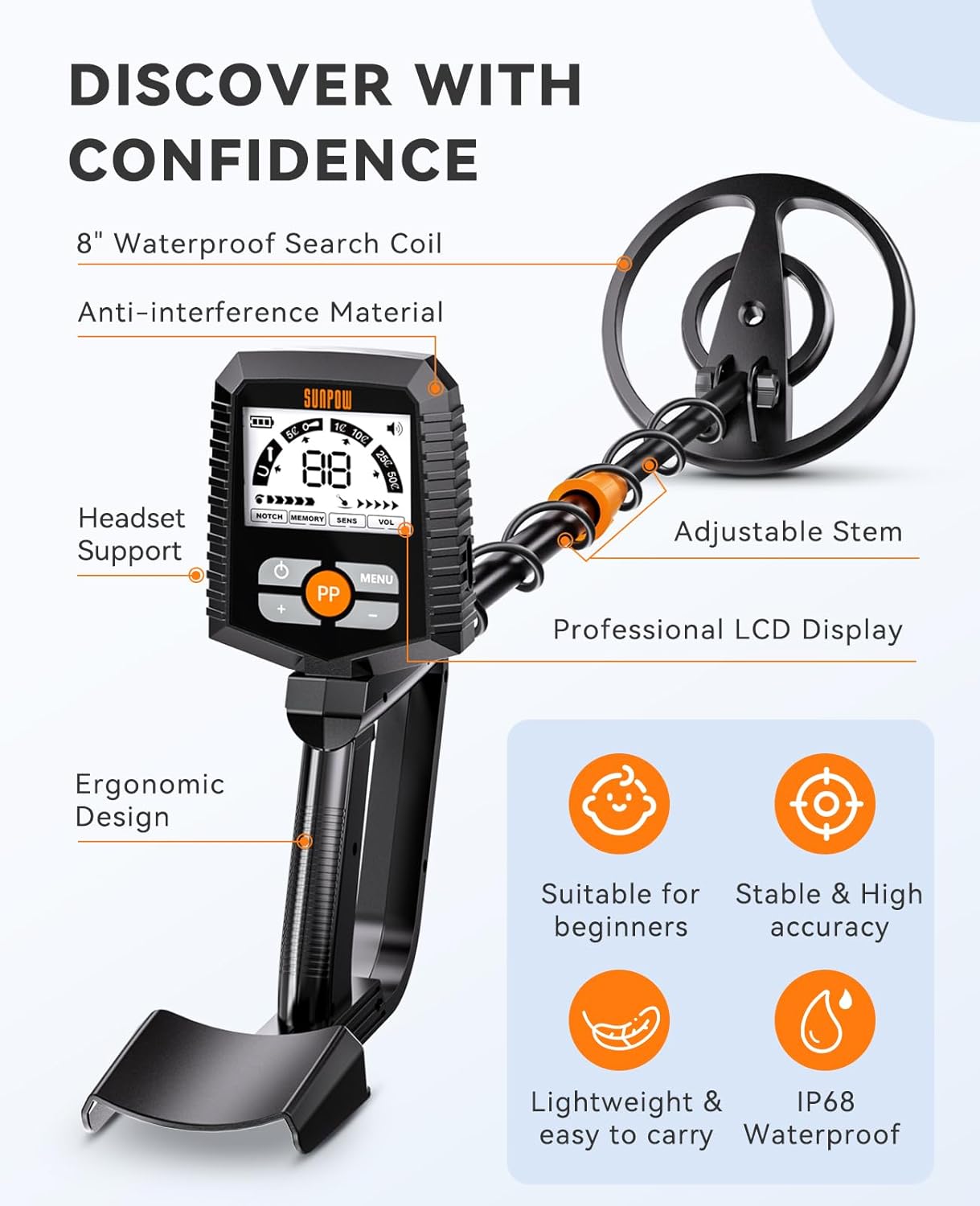 Metal detector with features highlighted on a white background