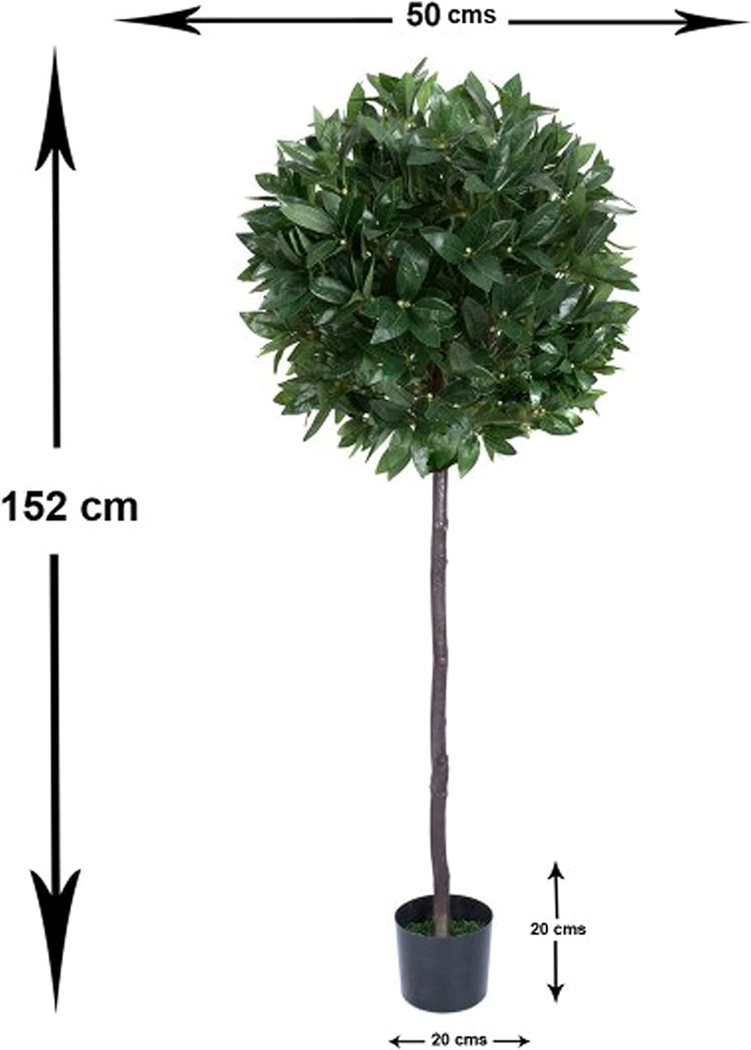 Artificial topiary ball tree with dimensions on a white background