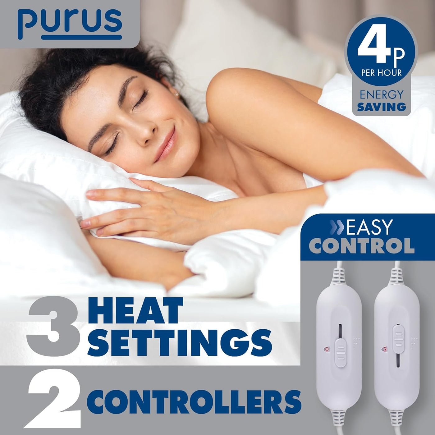Woman sleeping under a heating pad with product features highlighted