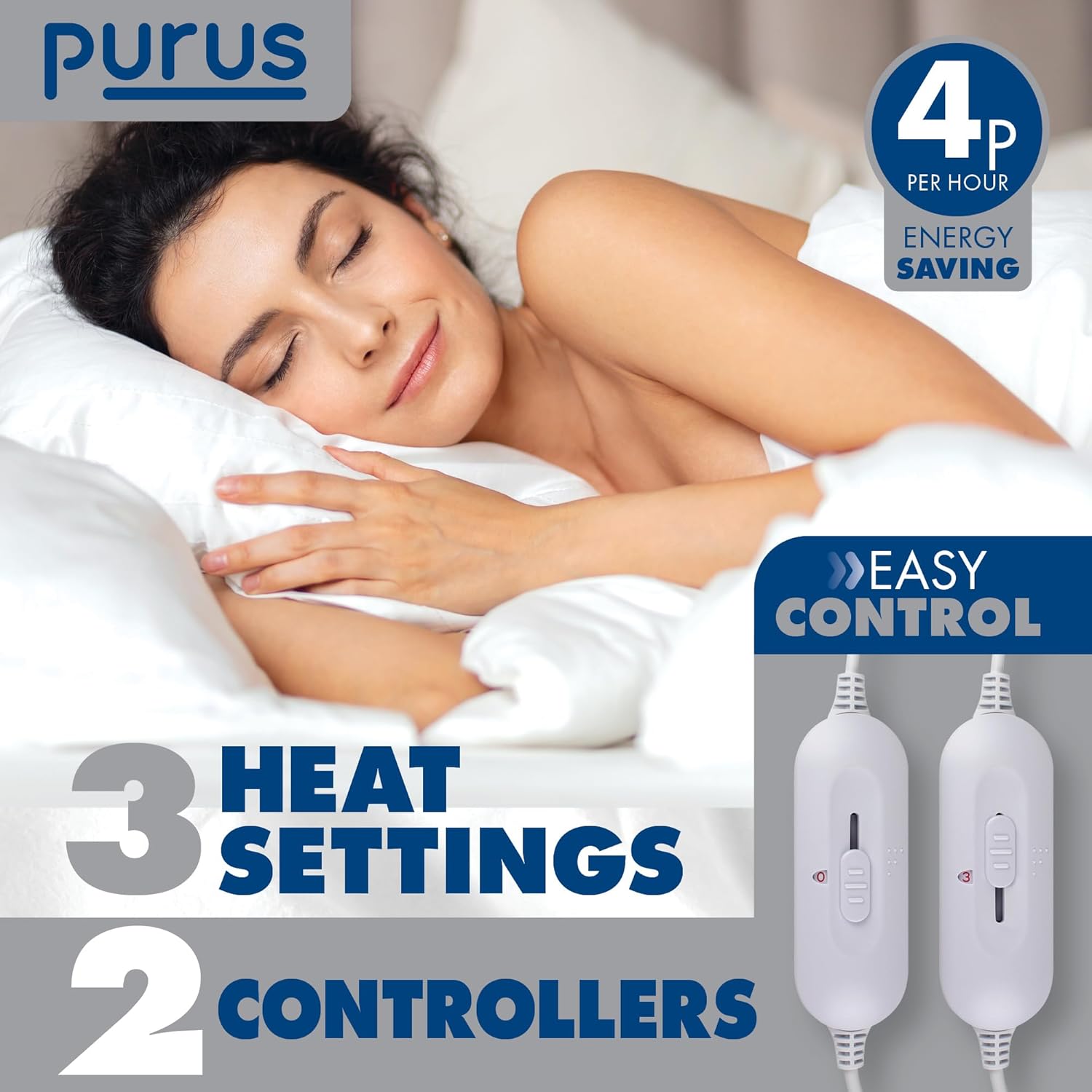Woman sleeping under a heating pad with product features highlighted