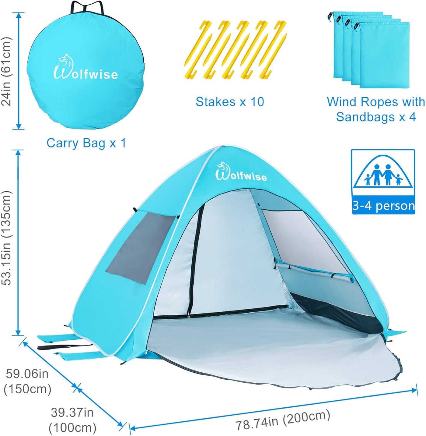 Pop Up Beach Tent 3-4 Person UPF 50+ Sun Shelter Portable Ventilated WolfWise