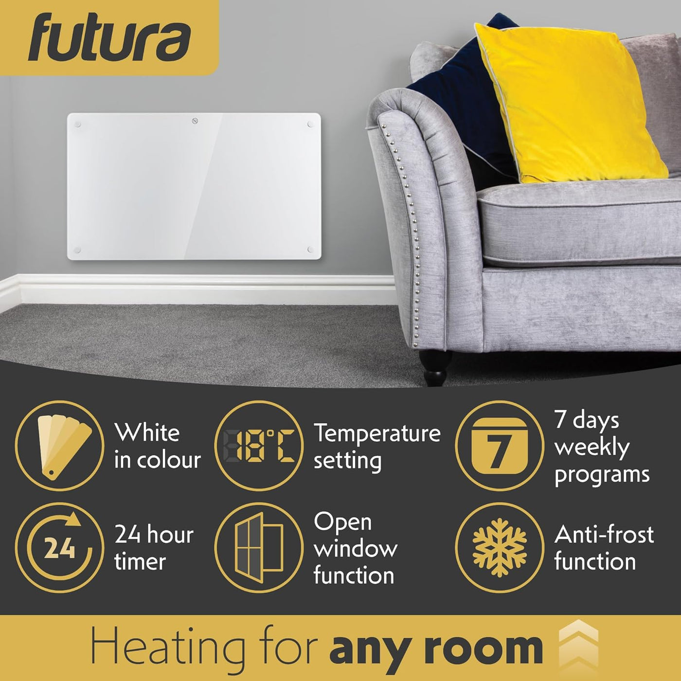 1500W White Glass Electric Radiator Heater with Thermostat Wall Mounted Futura