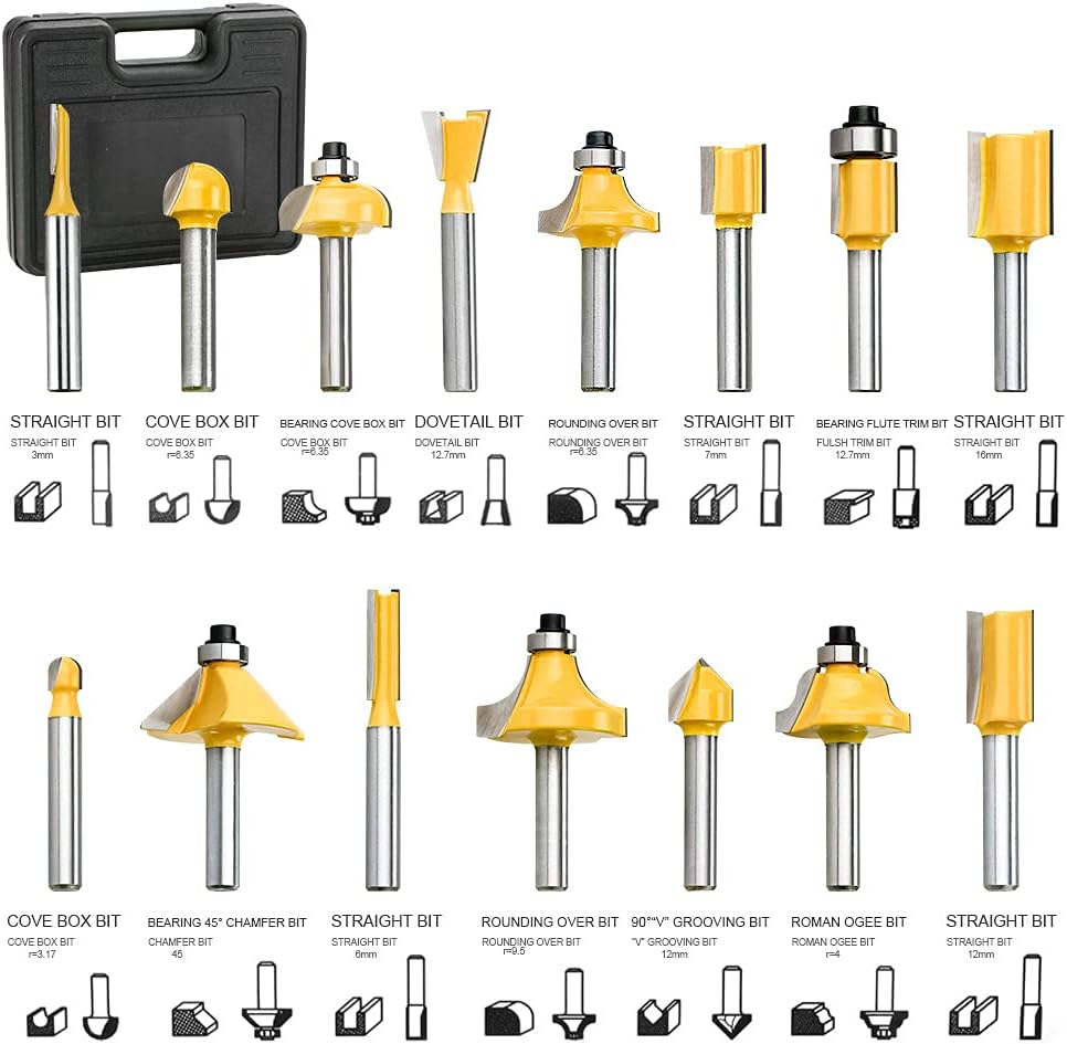 Anesty Palm Router Trimmer, Handheld Woodworking Tool with 15pcs Router Bit Set