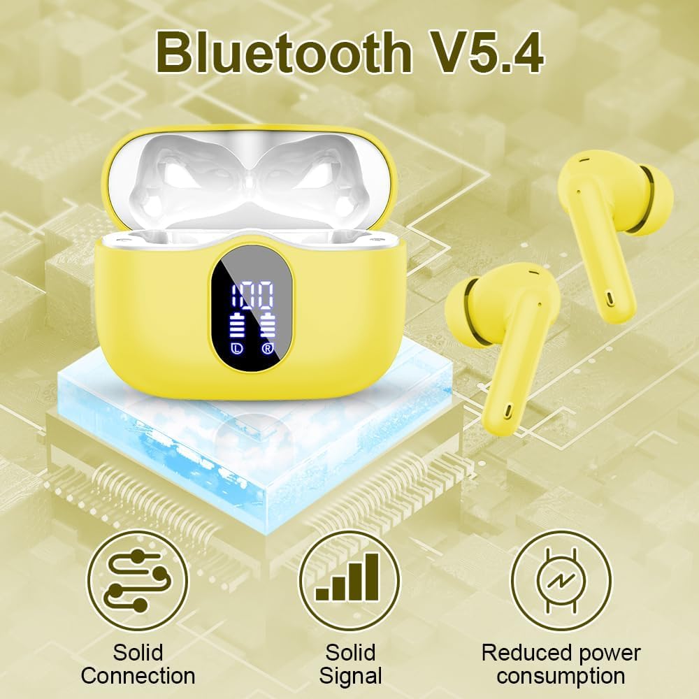Yellow wireless earbuds with charging case on a circuit board background, featuring Bluetooth V5.4.