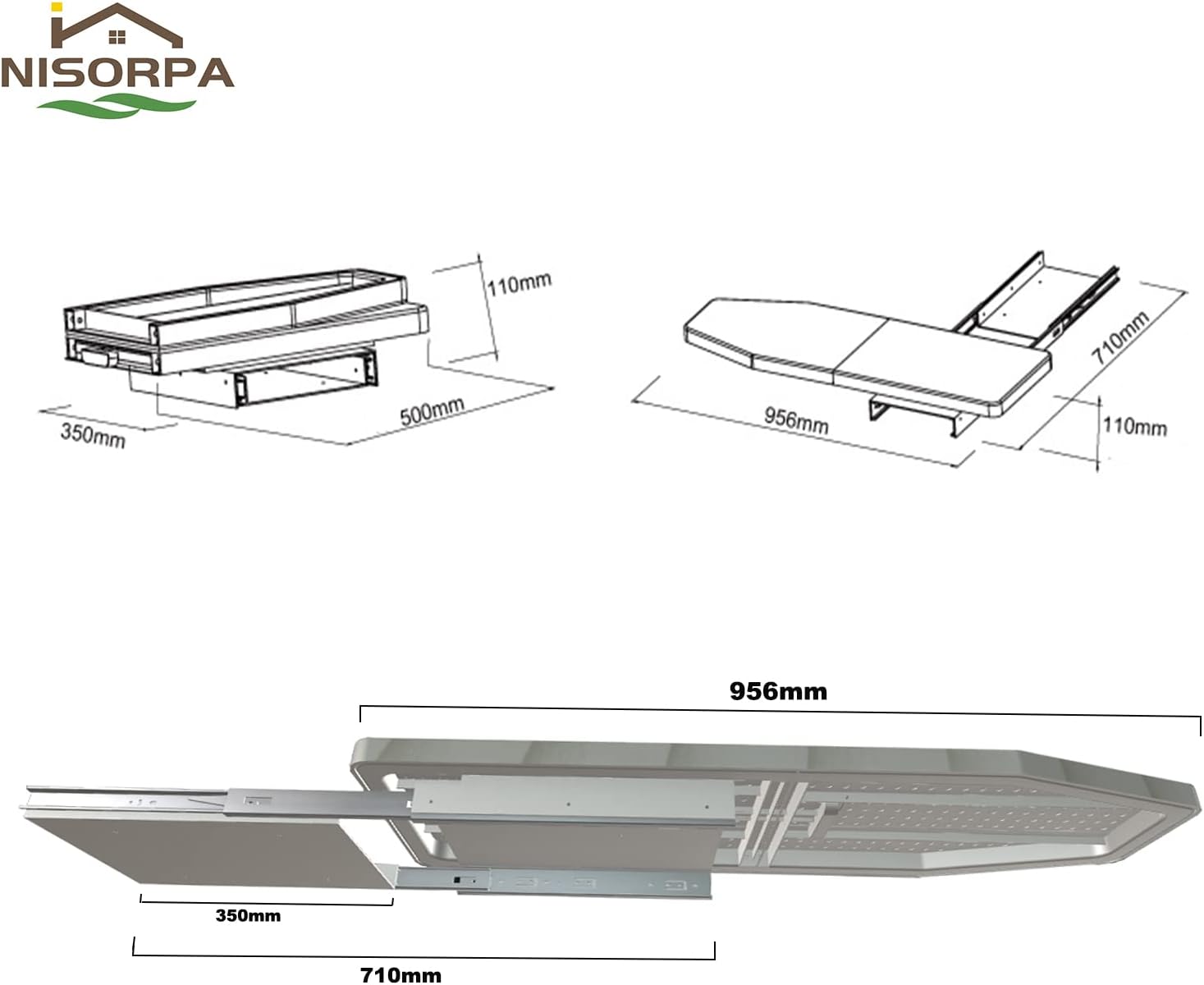 Technical drawing of a roof component with dimensions labeled, featuring the Nisorpa brand.
