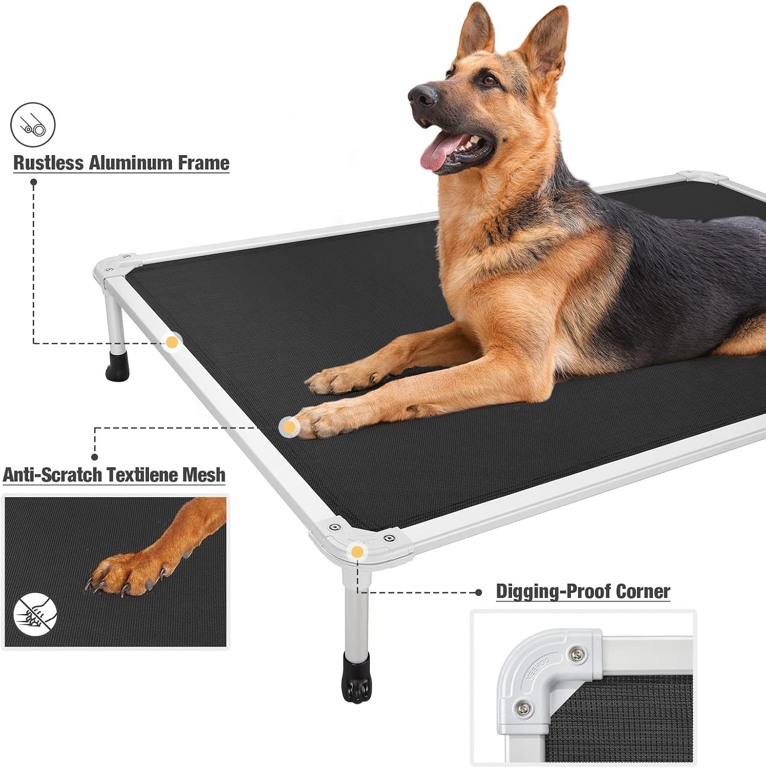 Veehoo XXL 150x95cm Chew-Proof Raised Dog Bed – Cooling Pet Cot, Aluminum Frame