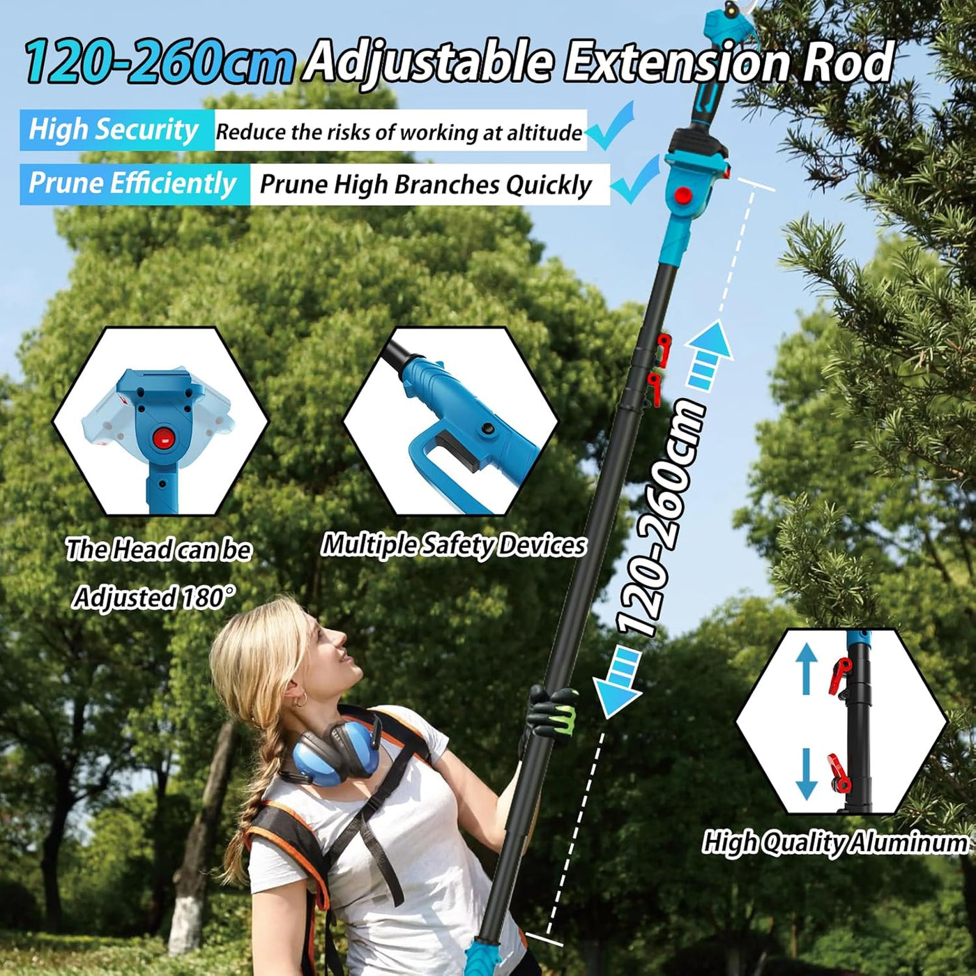 Adjustable extension rod for tree pruning with user holding it, surrounded by trees.