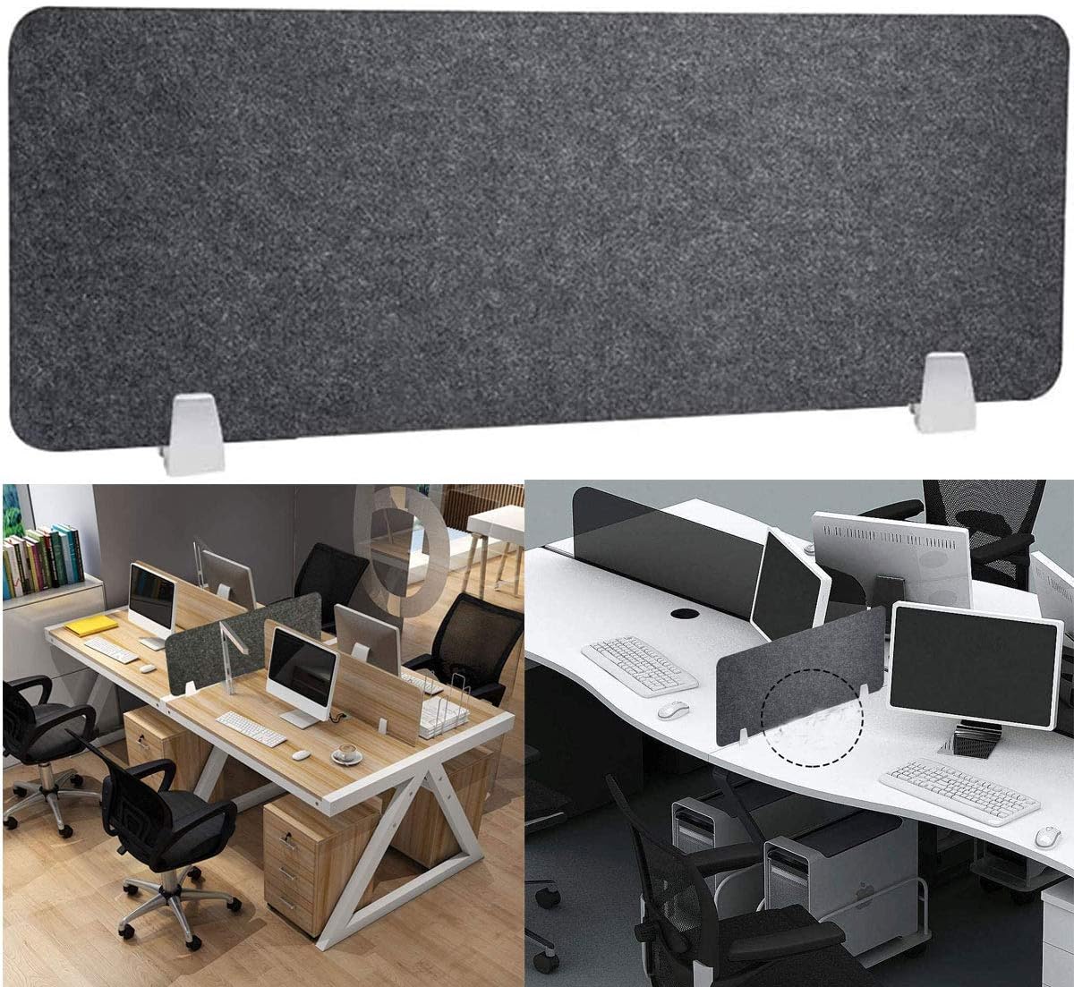 Gray office partition screen with desk setup examples in a modern office.