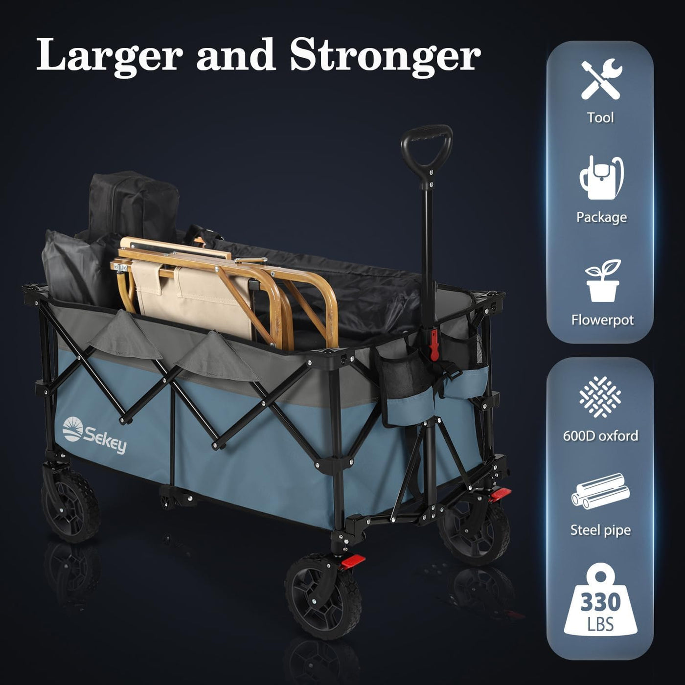 Sekey 200L Folding Trolley with All-Terrain Wheels 150KG Load for Beach Camping