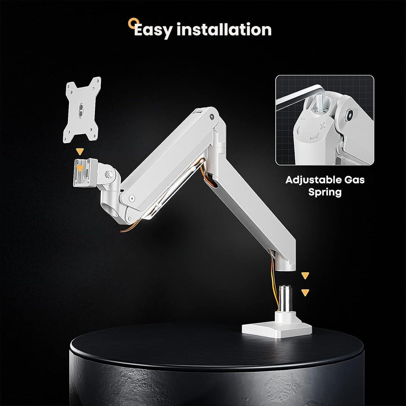 White adjustable monitor arm with 'Easy installation' text and 'Adjustable Gas Spring' feature on a black background.