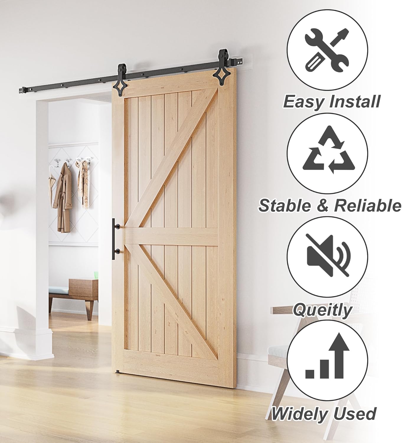 Wooden sliding barn door with installation hardware on a white wall, showing features like easy install, stability, reliability, quiet operation, and wide use.
